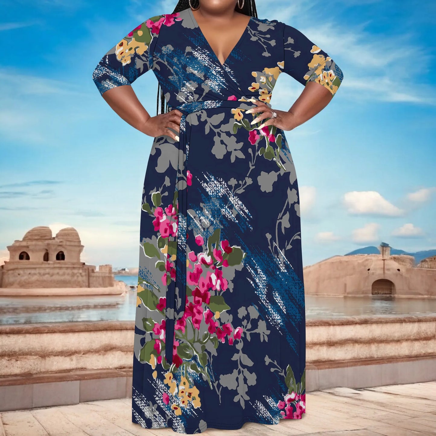 Robe longue à fleurs abstraites à col en V et manches mi-longues pour femme, grande taille, élégante, idéale pour les vacances d'été