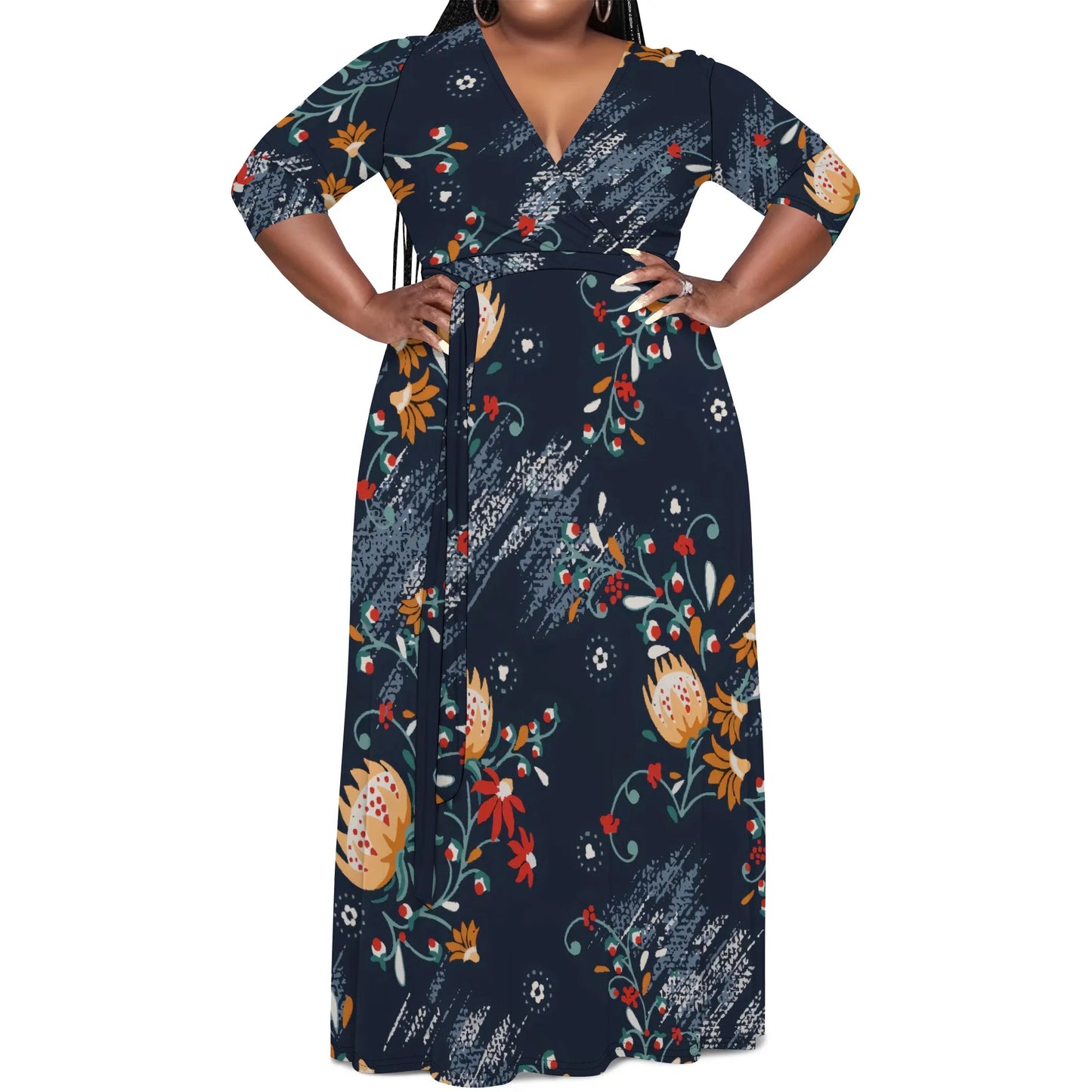 Robe longue à fleurs abstraites à col en V et manches mi-longues pour femme, grande taille, élégante, idéale pour les vacances d'été