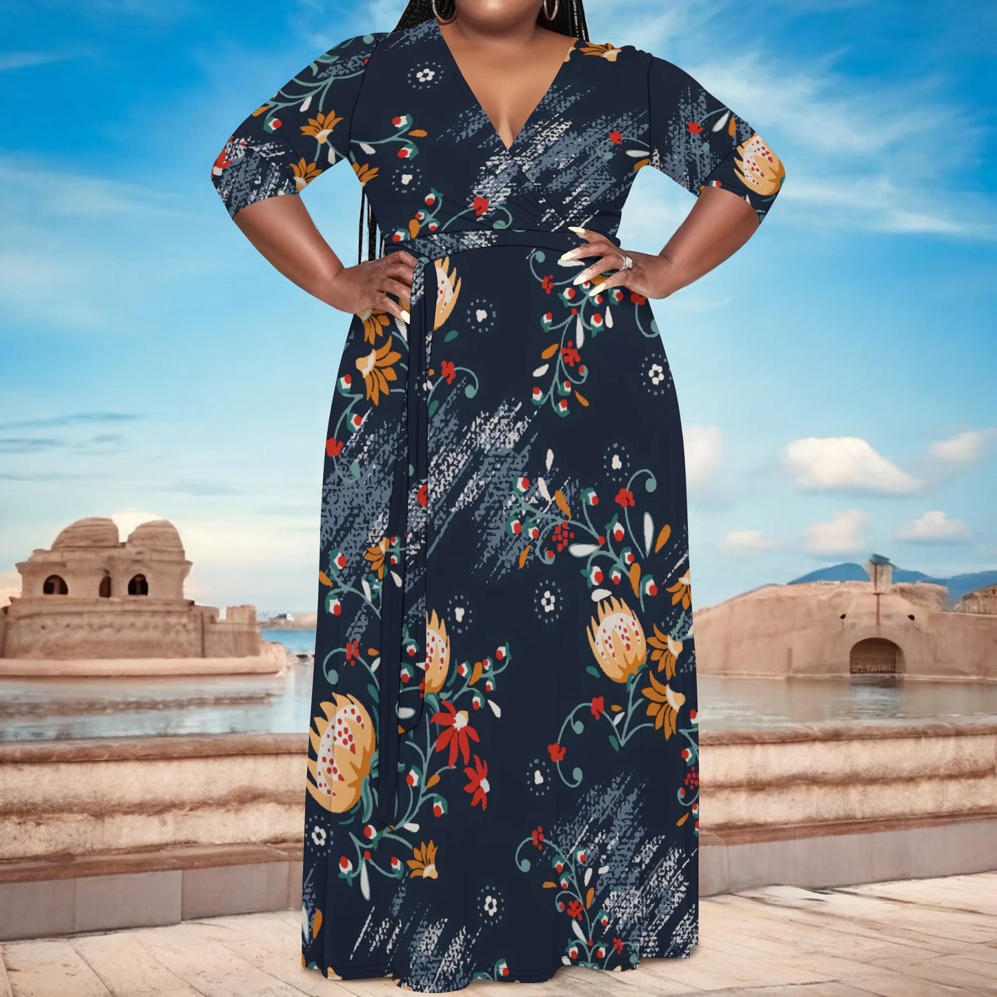 Robe longue à fleurs abstraites à col en V et manches mi-longues pour femme, grande taille, élégante, idéale pour les vacances d'été