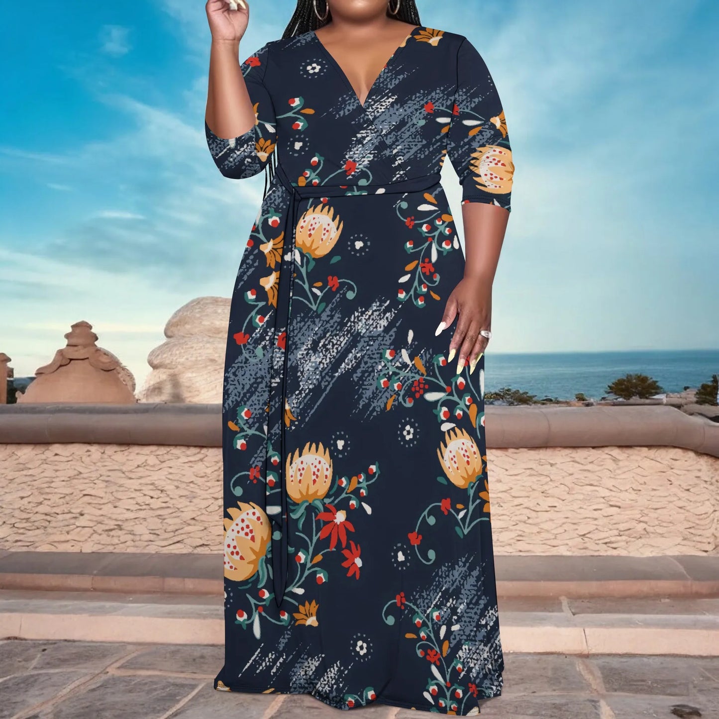 Robe longue à fleurs abstraites à col en V et manches mi-longues pour femme, grande taille, élégante, idéale pour les vacances d'été