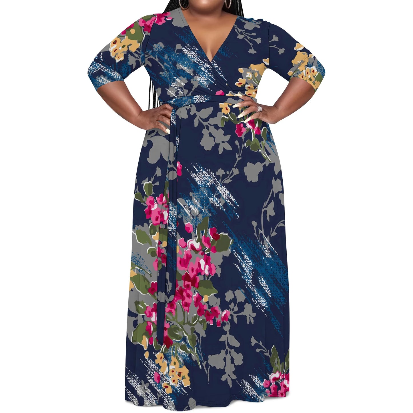 Robe longue à fleurs abstraites à col en V et manches mi-longues pour femme, grande taille, élégante, idéale pour les vacances d'été