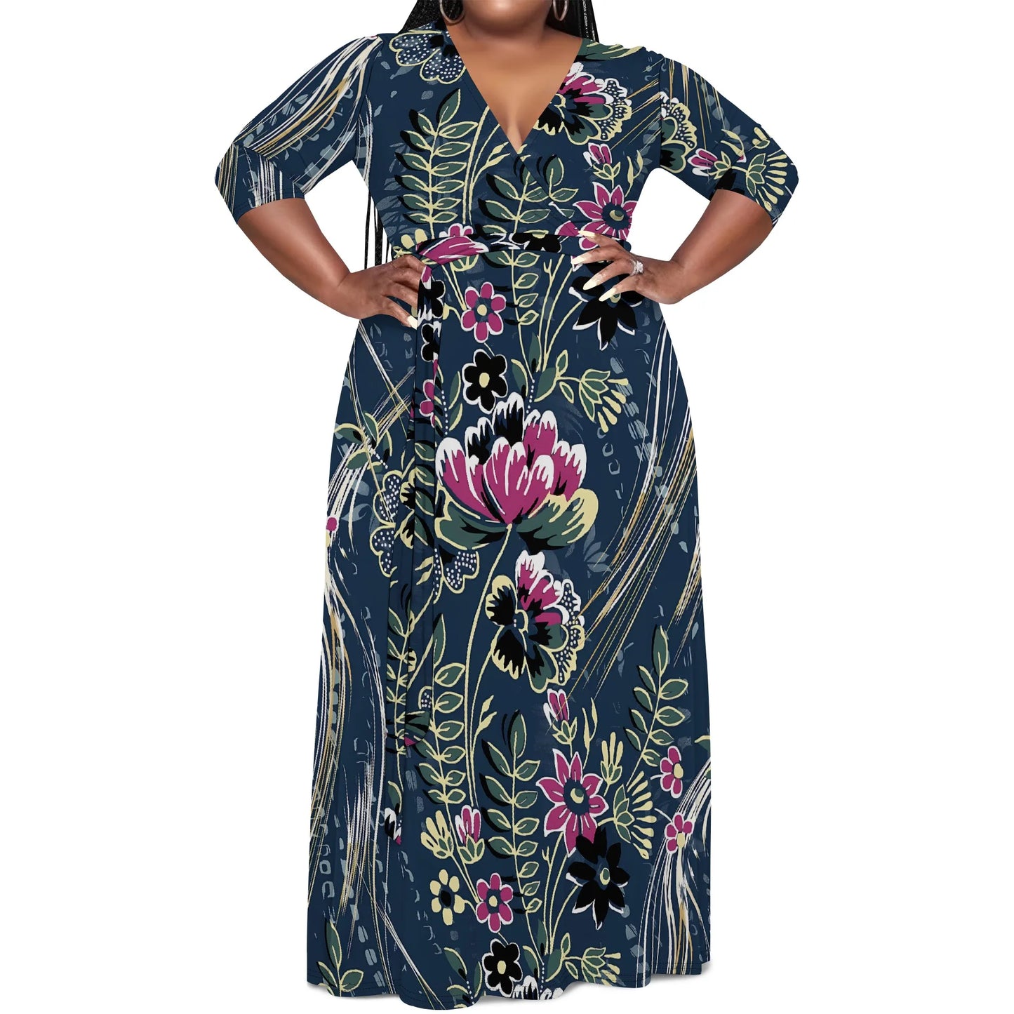 Robe longue à fleurs abstraites à col en V et manches mi-longues pour femme, grande taille, élégante, idéale pour les vacances d'été