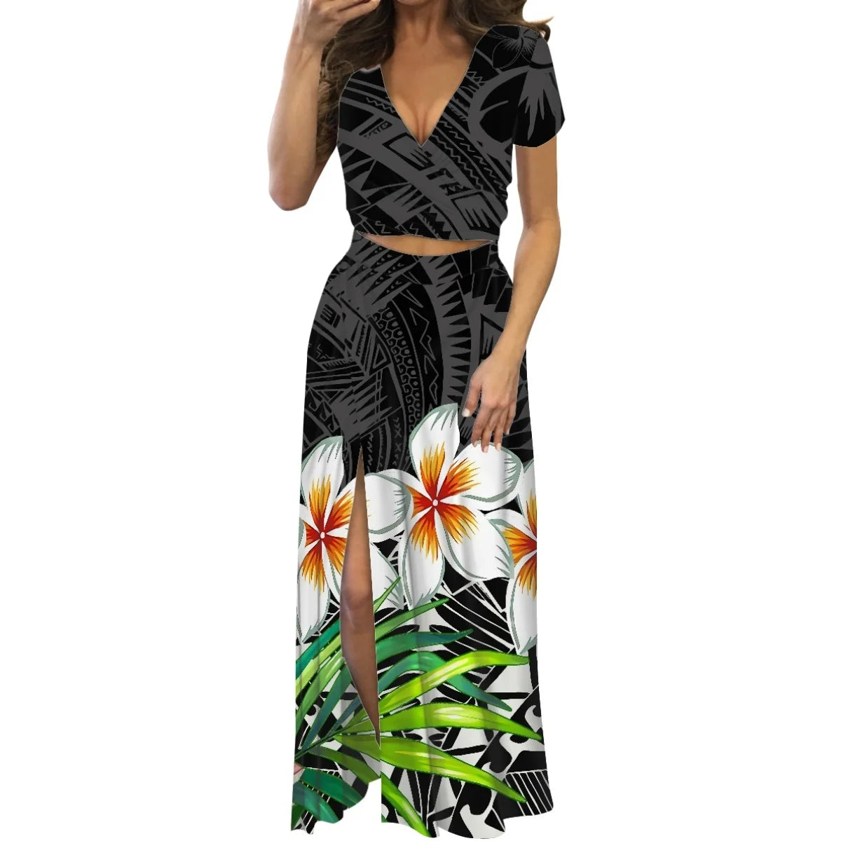 Robe fleurie de danse du feu polynésienne à imprimé à la demande, ensemble de robe longue à manches courtes pour femmes et filles, mode de créateur, fête, voyage