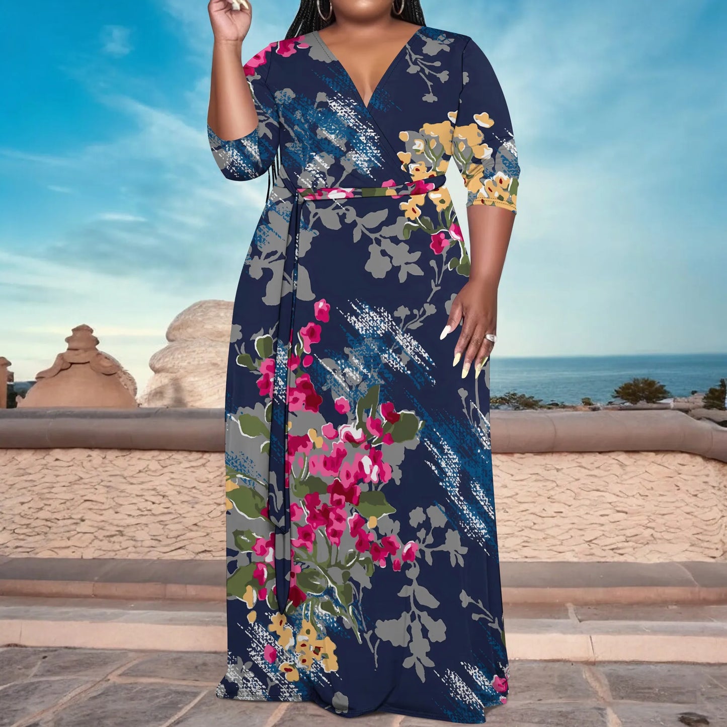 Robe longue à fleurs abstraites à col en V et manches mi-longues pour femme, grande taille, élégante, idéale pour les vacances d'été