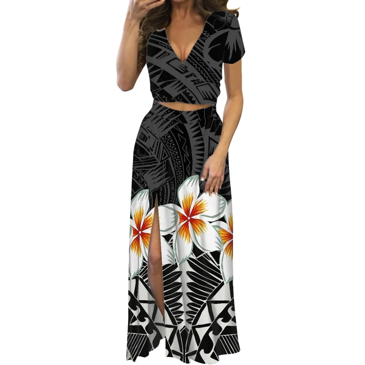 Robe fleurie de danse du feu polynésienne à imprimé à la demande, ensemble de robe longue à manches courtes pour femmes et filles, mode de créateur, fête, voyage
