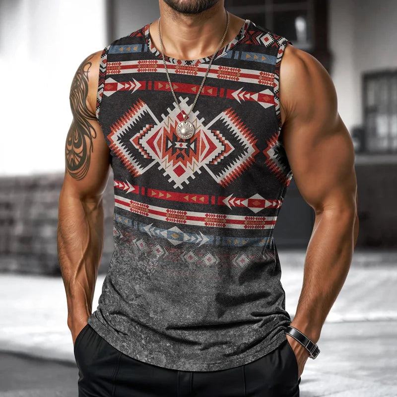 T-shirt imprimé sans manches à col rond pour homme, style streetwear, style indien, idéal pour le sport, le fitness ou la course à pied