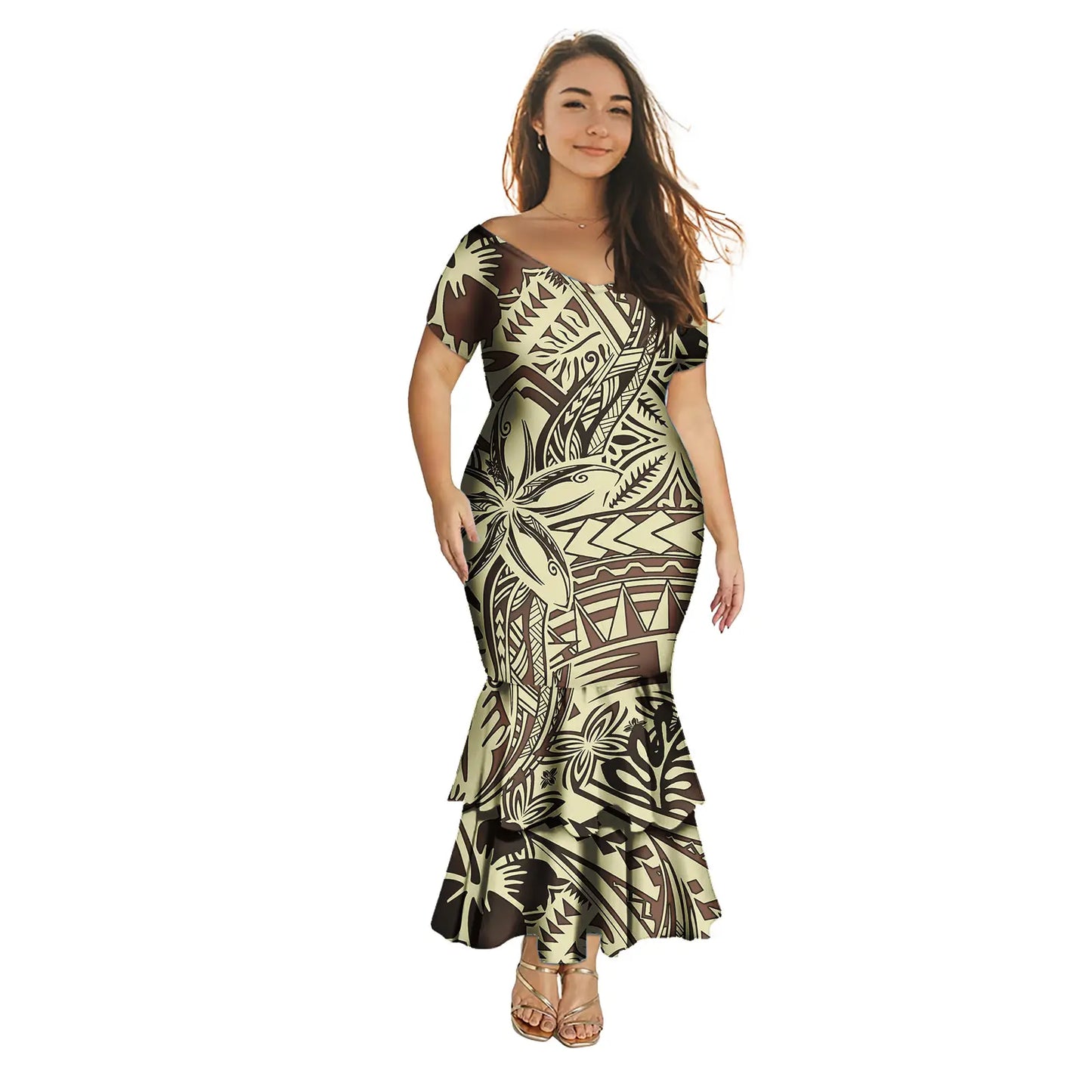 Robe polynésienne Puletasi tendance pour femme, robe de soirée sirène longue imprimée de luxe, robe sexy à épaules dénudées