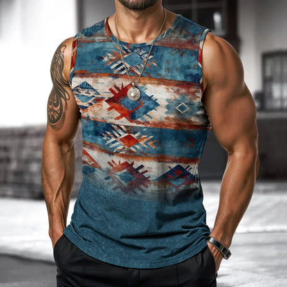 T-shirt imprimé sans manches à col rond pour homme, style streetwear, style indien, idéal pour le sport, le fitness ou la course à pied