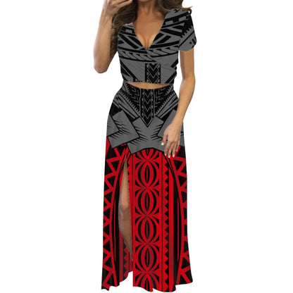 Robe fleurie de danse du feu polynésienne à imprimé à la demande, ensemble de robe longue à manches courtes pour femmes et filles, mode de créateur, fête, voyage