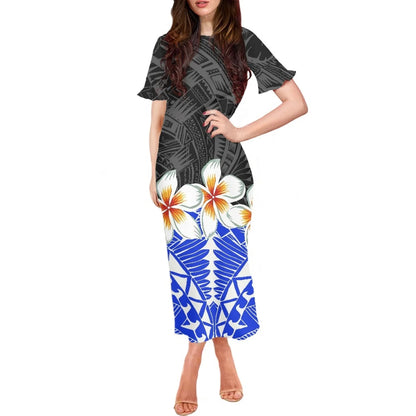 Robe à volants et manches courtes pour femme, motif floral polynésien, style hawaïen, style tatouage, style tiaré et monoi, vêtement décontracté