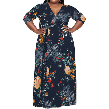 Robe longue à fleurs abstraites à col en V et manches mi-longues pour femme, grande taille, élégante, idéale pour les vacances d'été