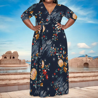Robe longue à fleurs abstraites à col en V et manches mi-longues pour femme, grande taille, élégante, idéale pour les vacances d'été