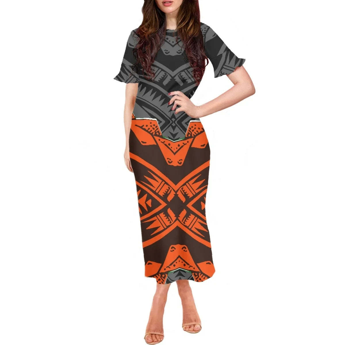 Robe à volants et manches courtes pour femme, motif floral polynésien, style hawaïen, style tatouage, style tiaré et monoi, vêtement décontracté