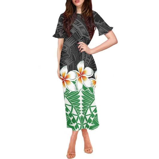 Robe à volants et manches courtes pour femme, motif floral polynésien, style hawaïen, style tatouage, style tiaré et monoi, vêtement décontracté