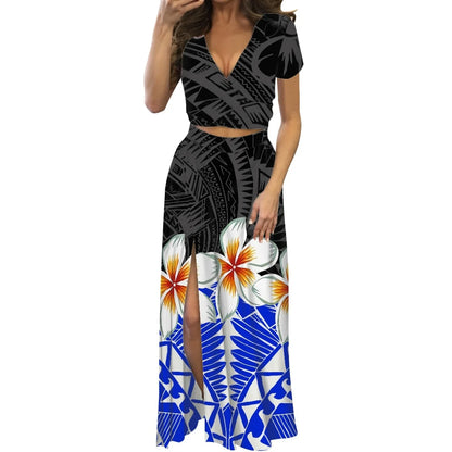 Robe fleurie de danse du feu polynésienne à imprimé à la demande, ensemble de robe longue à manches courtes pour femmes et filles, mode de créateur, fête, voyage