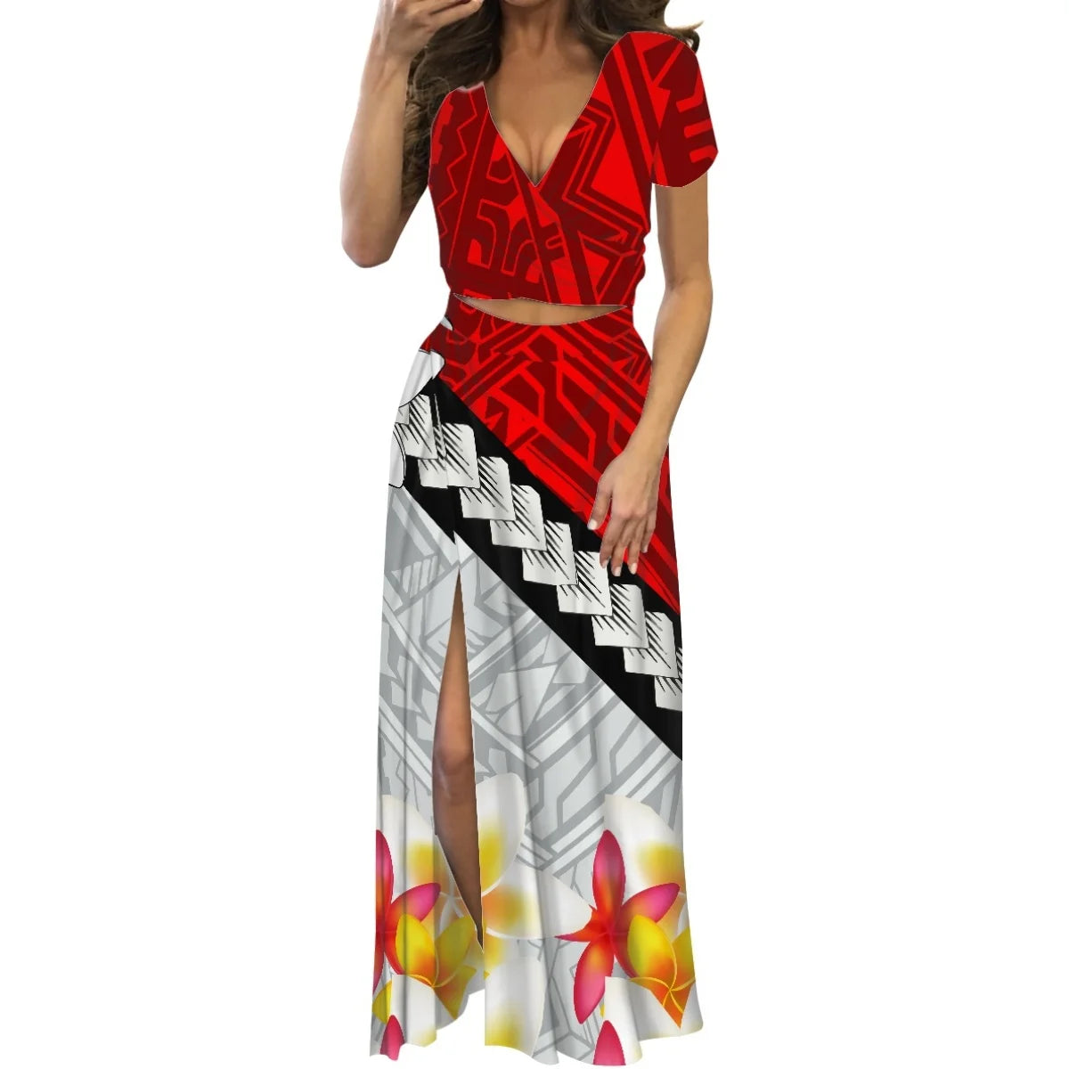Robe fleurie de danse du feu polynésienne à imprimé à la demande, ensemble de robe longue à manches courtes pour femmes et filles, mode de créateur, fête, voyage