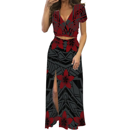Robe fleurie de danse du feu polynésienne à imprimé à la demande, ensemble de robe longue à manches courtes pour femmes et filles, mode de créateur, fête, voyage