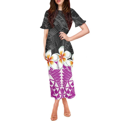 Robe à volants et manches courtes pour femme, motif floral polynésien, style hawaïen, style tatouage, style tiaré et monoi, vêtement décontracté