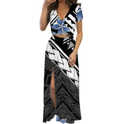 Robe fleurie de danse du feu polynésienne à imprimé à la demande, ensemble de robe longue à manches courtes pour femmes et filles, mode de créateur, fête, voyage