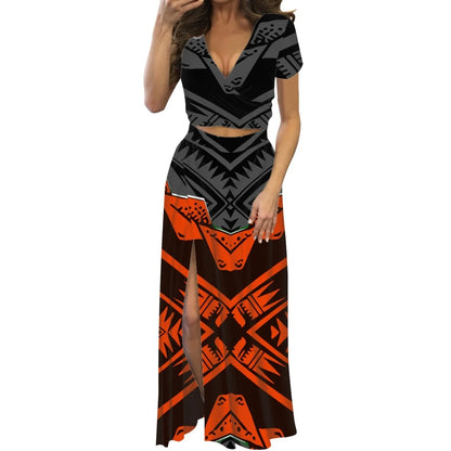 Robe fleurie de danse du feu polynésienne à imprimé à la demande, ensemble de robe longue à manches courtes pour femmes et filles, mode de créateur, fête, voyage