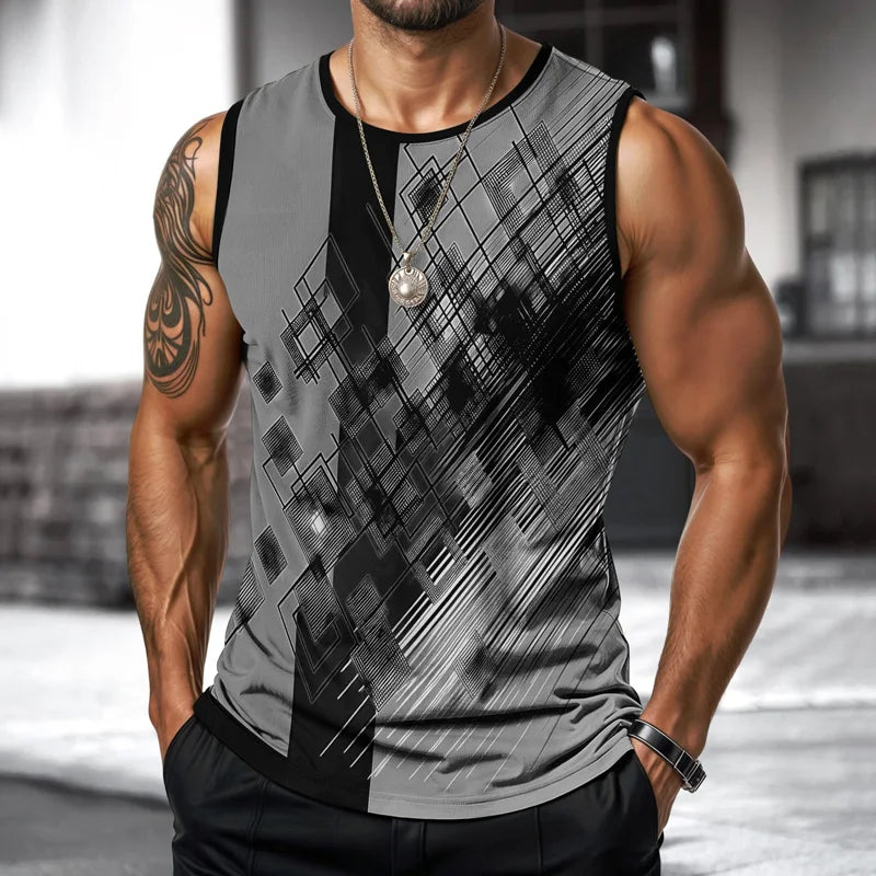 T-shirt rétro de fitness pour homme, col rond, sans manches, imprimé, pour le quotidien, les sports de plein air, la course à pied, motif animal à carreaux