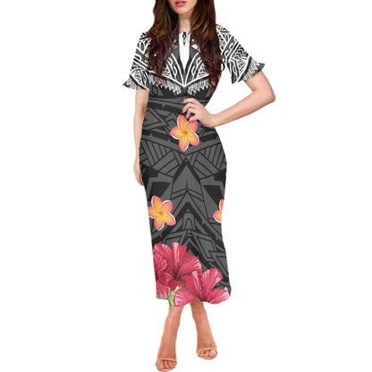 Robe à volants et manches courtes pour femme, motif floral polynésien, style hawaïen, style tatouage, style tiaré et monoi, vêtement décontracté