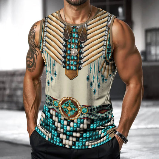 T-shirt imprimé sans manches à col rond pour homme, style streetwear, style indien, idéal pour le sport, le fitness ou la course à pied
