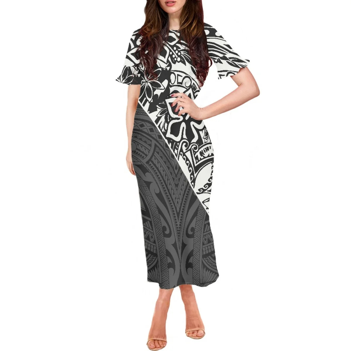 Robe à volants et manches courtes pour femme, motif floral polynésien, style hawaïen, style tatouage, style tiaré et monoi, vêtement décontracté