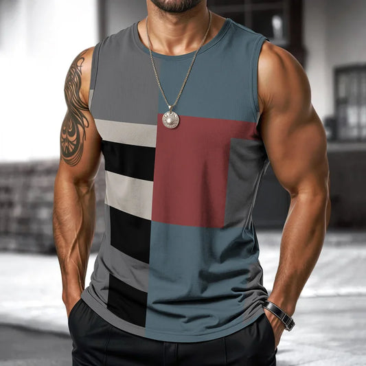 T-shirt rétro de fitness pour homme, col rond, sans manches, imprimé, pour le quotidien, les sports de plein air, la course à pied, motif animal à carreaux