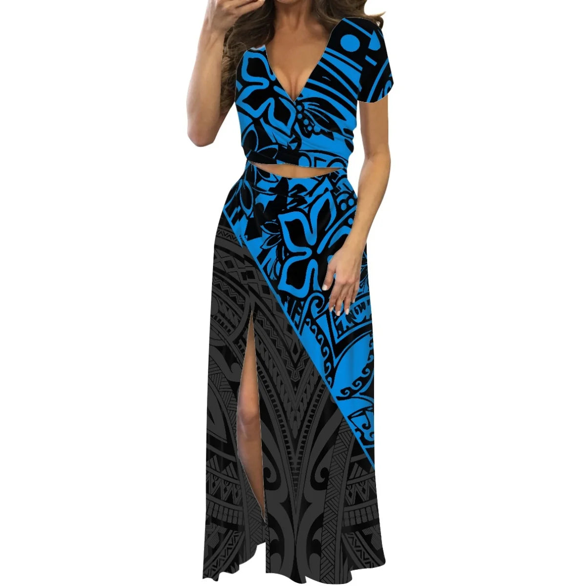 Robe fleurie de danse du feu polynésienne à imprimé à la demande, ensemble de robe longue à manches courtes pour femmes et filles, mode de créateur, fête, voyage