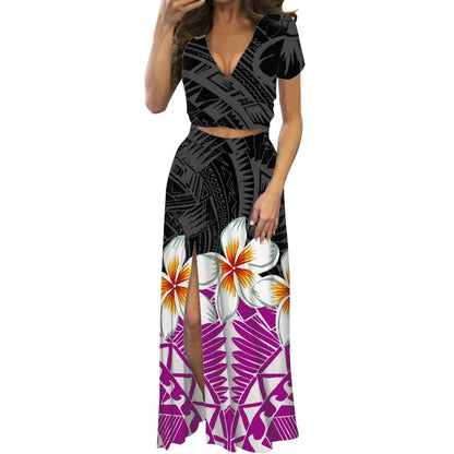 Robe fleurie de danse du feu polynésienne à imprimé à la demande, ensemble de robe longue à manches courtes pour femmes et filles, mode de créateur, fête, voyage