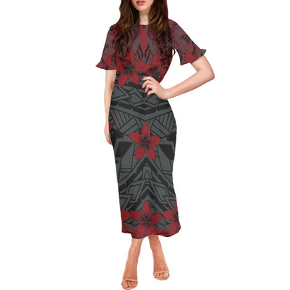 Robe à volants et manches courtes pour femme, motif floral polynésien, style hawaïen, style tatouage, style tiaré et monoi, vêtement décontracté