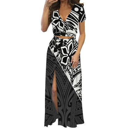 Robe fleurie de danse du feu polynésienne à imprimé à la demande, ensemble de robe longue à manches courtes pour femmes et filles, mode de créateur, fête, voyage