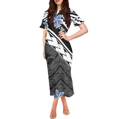 Robe à volants et manches courtes pour femme, motif floral polynésien, style hawaïen, style tatouage, style tiaré et monoi, vêtement décontracté