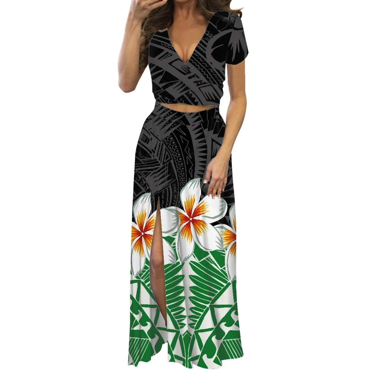 Robe fleurie de danse du feu polynésienne à imprimé à la demande, ensemble de robe longue à manches courtes pour femmes et filles, mode de créateur, fête, voyage