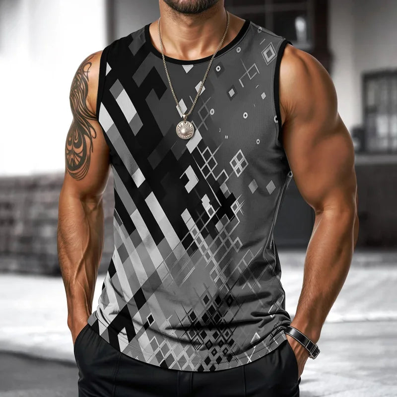 T-shirt rétro de fitness pour homme, col rond, sans manches, imprimé, pour le quotidien, les sports de plein air, la course à pied, motif animal à carreaux