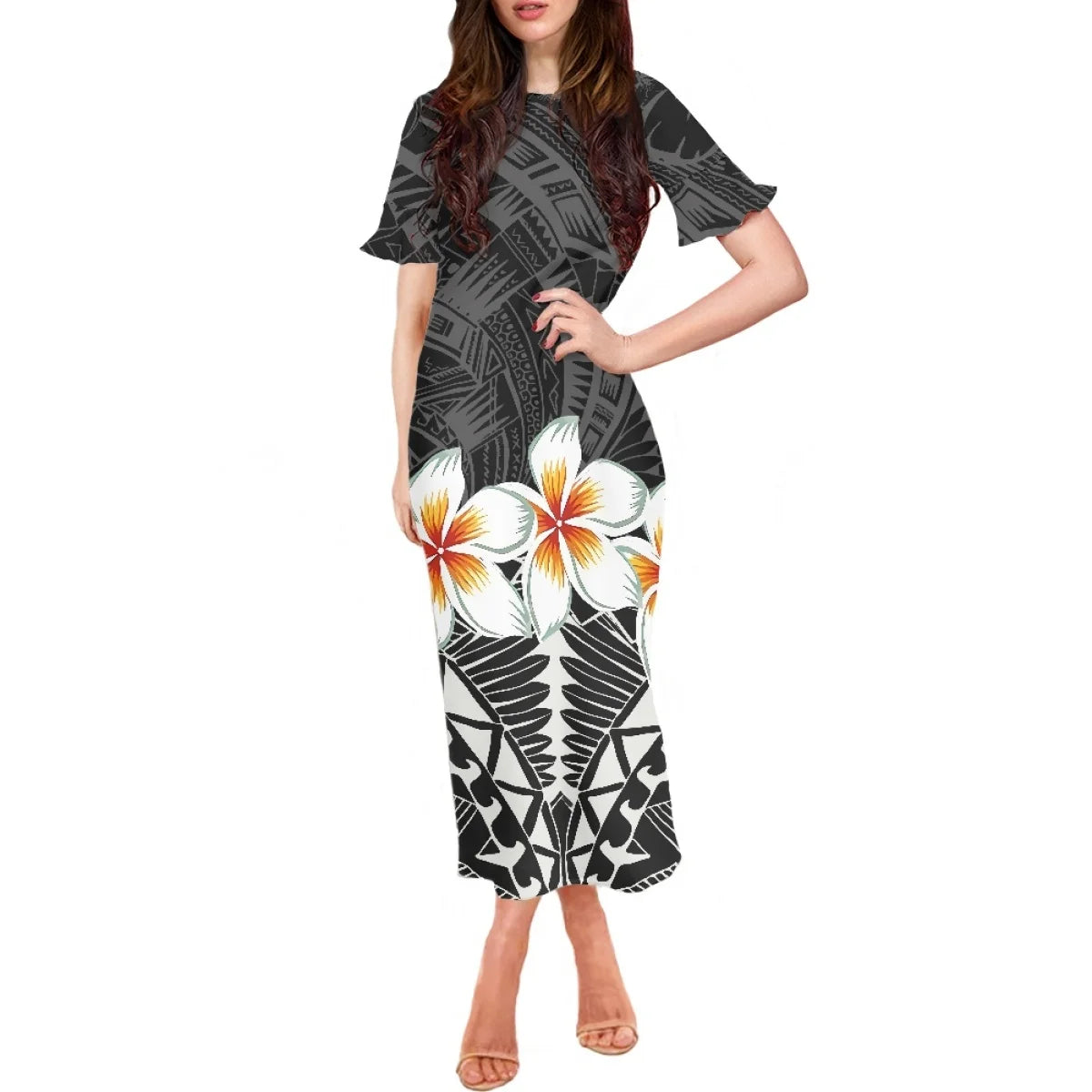 Robe à volants et manches courtes pour femme, motif floral polynésien, style hawaïen, style tatouage, style tiaré et monoi, vêtement décontracté