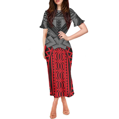 Robe à volants et manches courtes pour femme, motif floral polynésien, style hawaïen, style tatouage, style tiaré et monoi, vêtement décontracté