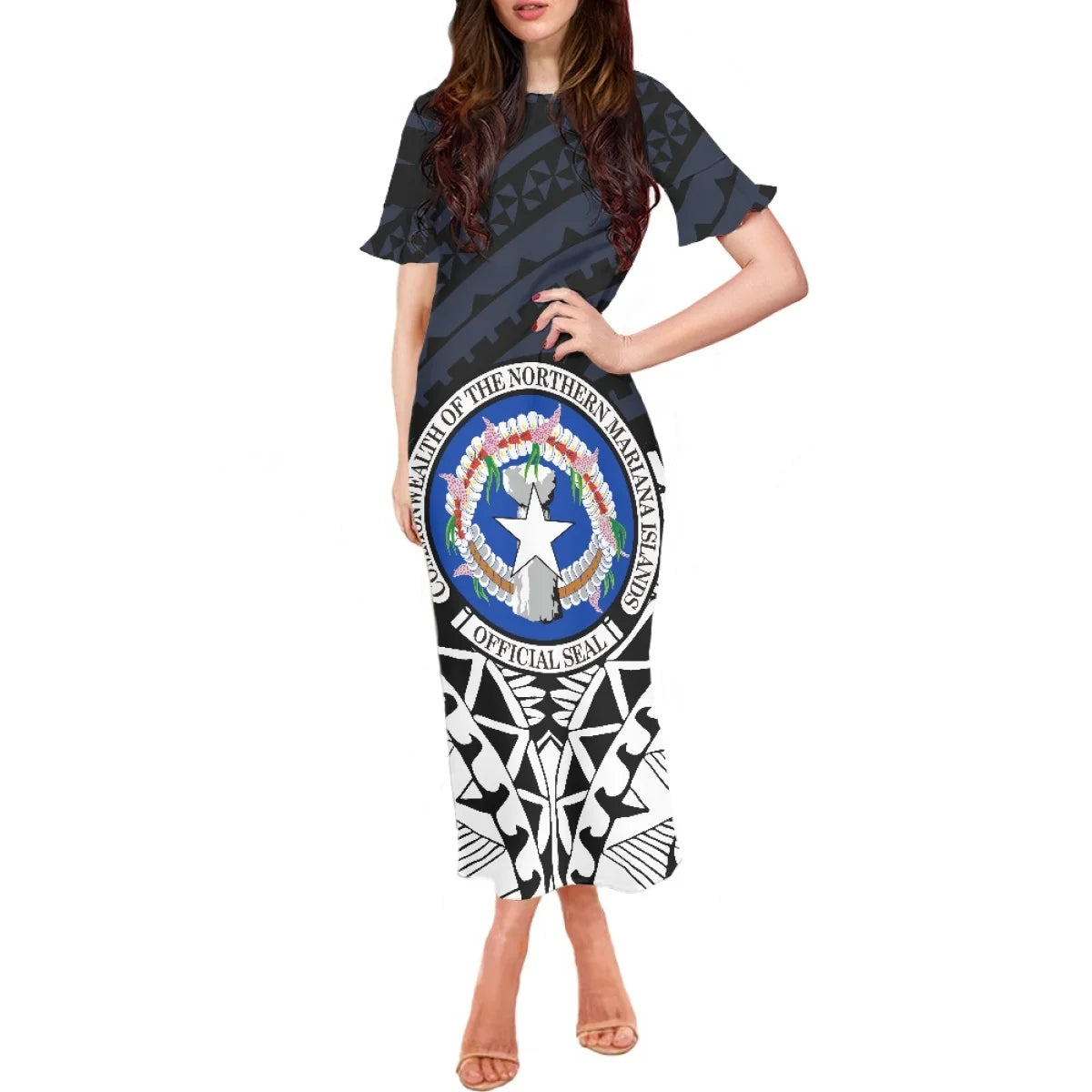 Robe à volants et manches courtes pour femme, motif floral polynésien, style hawaïen, style tatouage, style tiaré et monoi, vêtement décontracté