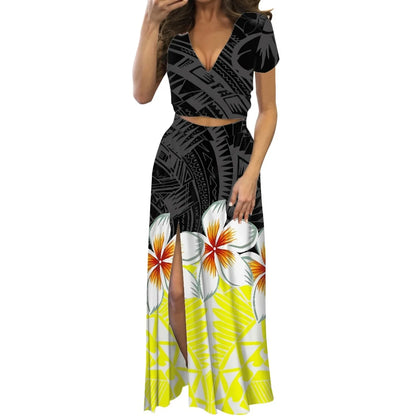 Robe fleurie de danse du feu polynésienne à imprimé à la demande, ensemble de robe longue à manches courtes pour femmes et filles, mode de créateur, fête, voyage