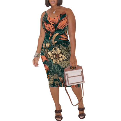 Robe mi-longue moulante à bretelles spaghetti et fleurs pour femme, tenue d'été sexy sans manches, idéale pour les vacances à la plage