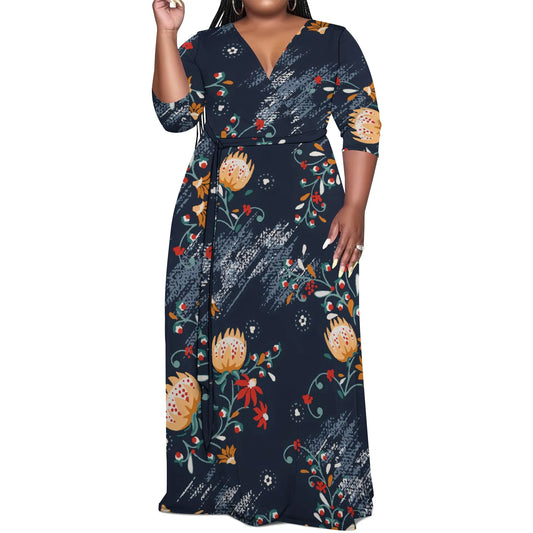 Robe longue à fleurs abstraites à col en V et manches mi-longues pour femme, grande taille, élégante, idéale pour les vacances d'été