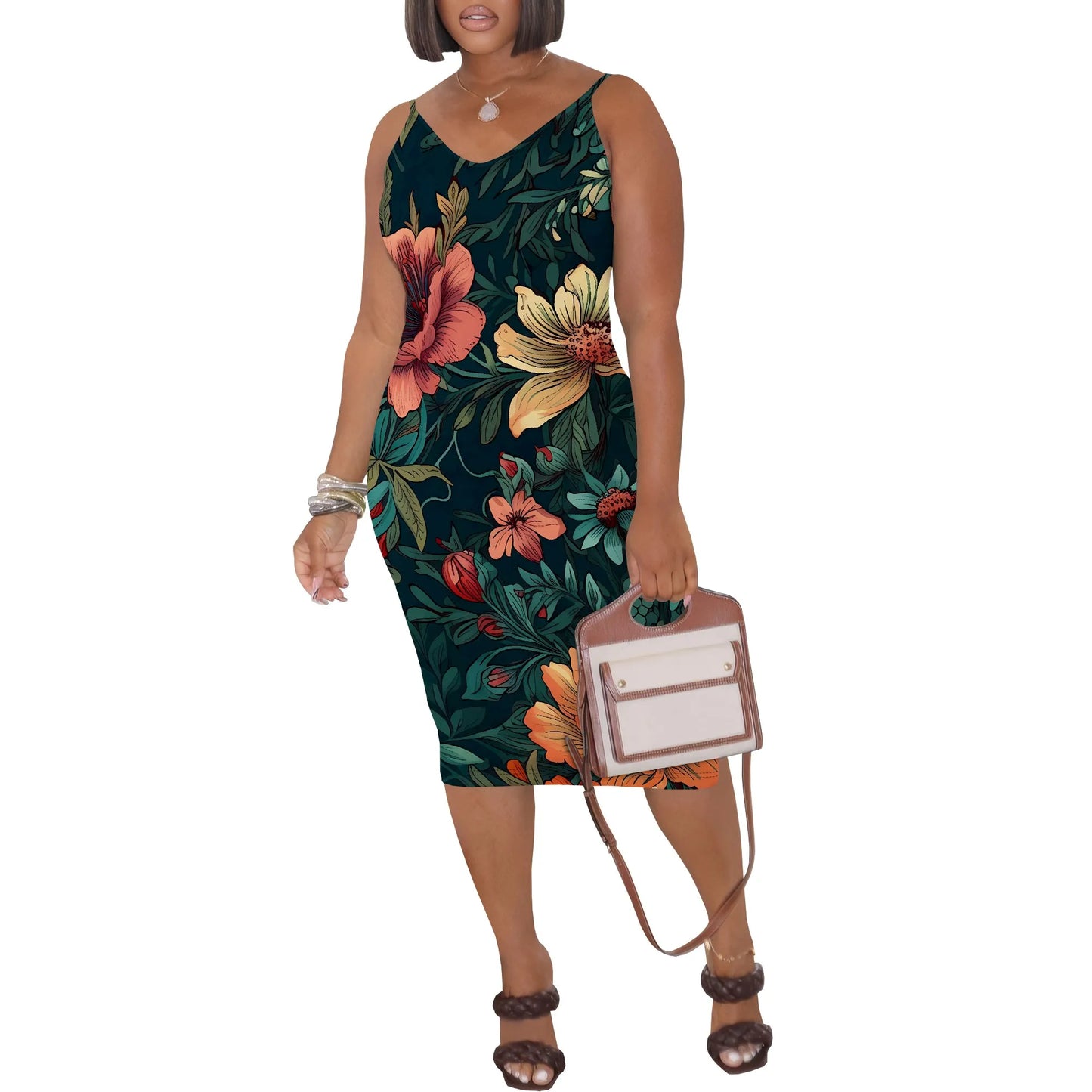Robe mi-longue moulante à bretelles spaghetti et fleurs pour femme, tenue d'été sexy sans manches, idéale pour les vacances à la plage