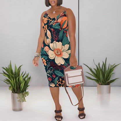 Robe mi-longue moulante à bretelles spaghetti et fleurs pour femme, tenue d'été sexy sans manches, idéale pour les vacances à la plage