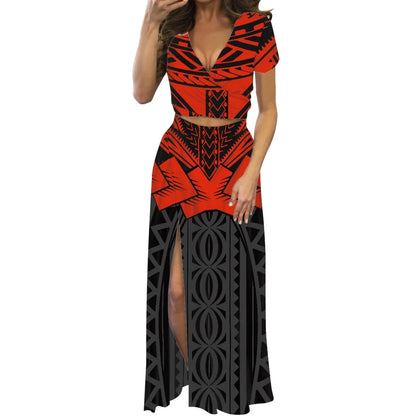 Robe fleurie de danse du feu polynésienne à imprimé à la demande, ensemble de robe longue à manches courtes pour femmes et filles, mode de créateur, fête, voyage