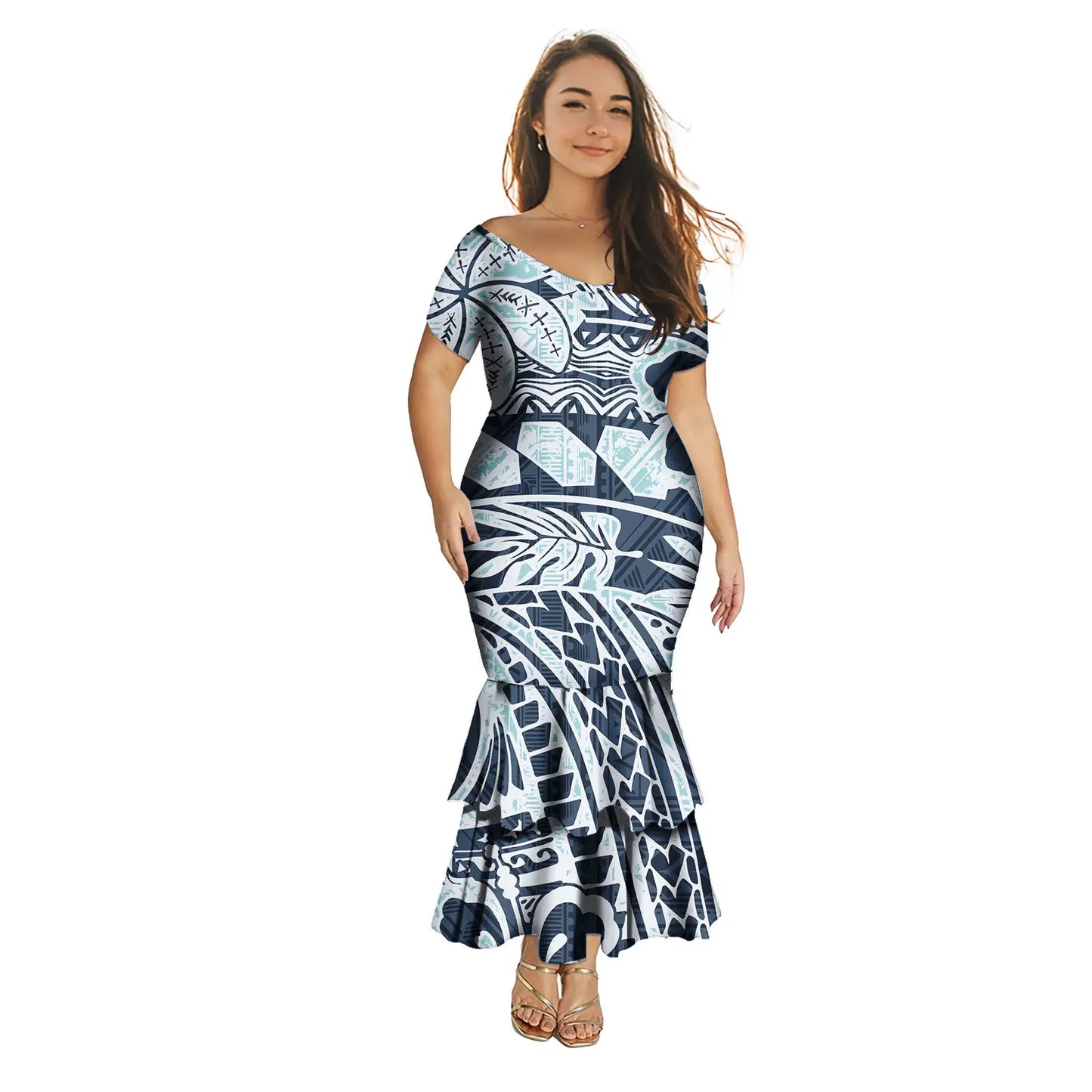 Robe polynésienne Puletasi tendance pour femme, robe de soirée sirène longue imprimée de luxe, robe sexy à épaules dénudées