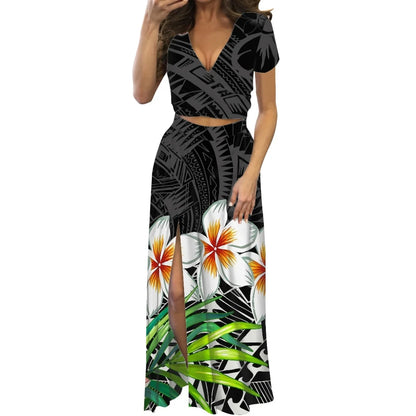 Robe fleurie de danse du feu polynésienne à imprimé à la demande, ensemble de robe longue à manches courtes pour femmes et filles, mode de créateur, fête, voyage
