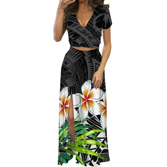 Robe fleurie de danse du feu polynésienne à imprimé à la demande, ensemble de robe longue à manches courtes pour femmes et filles, mode de créateur, fête, voyage