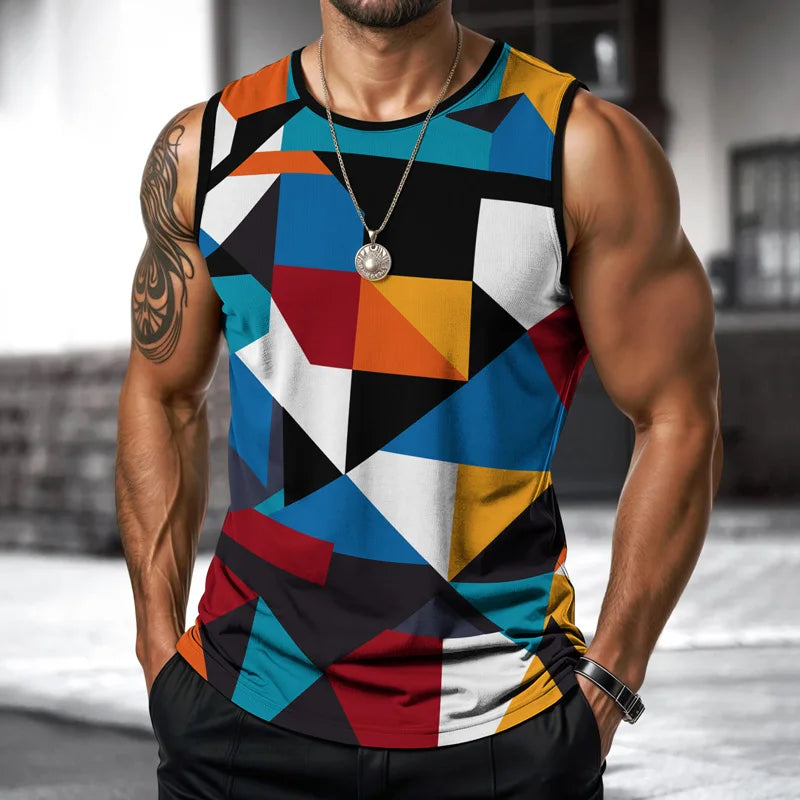 T-shirt rétro de fitness pour homme, col rond, sans manches, imprimé, pour le quotidien, les sports de plein air, la course à pied, motif animal à carreaux