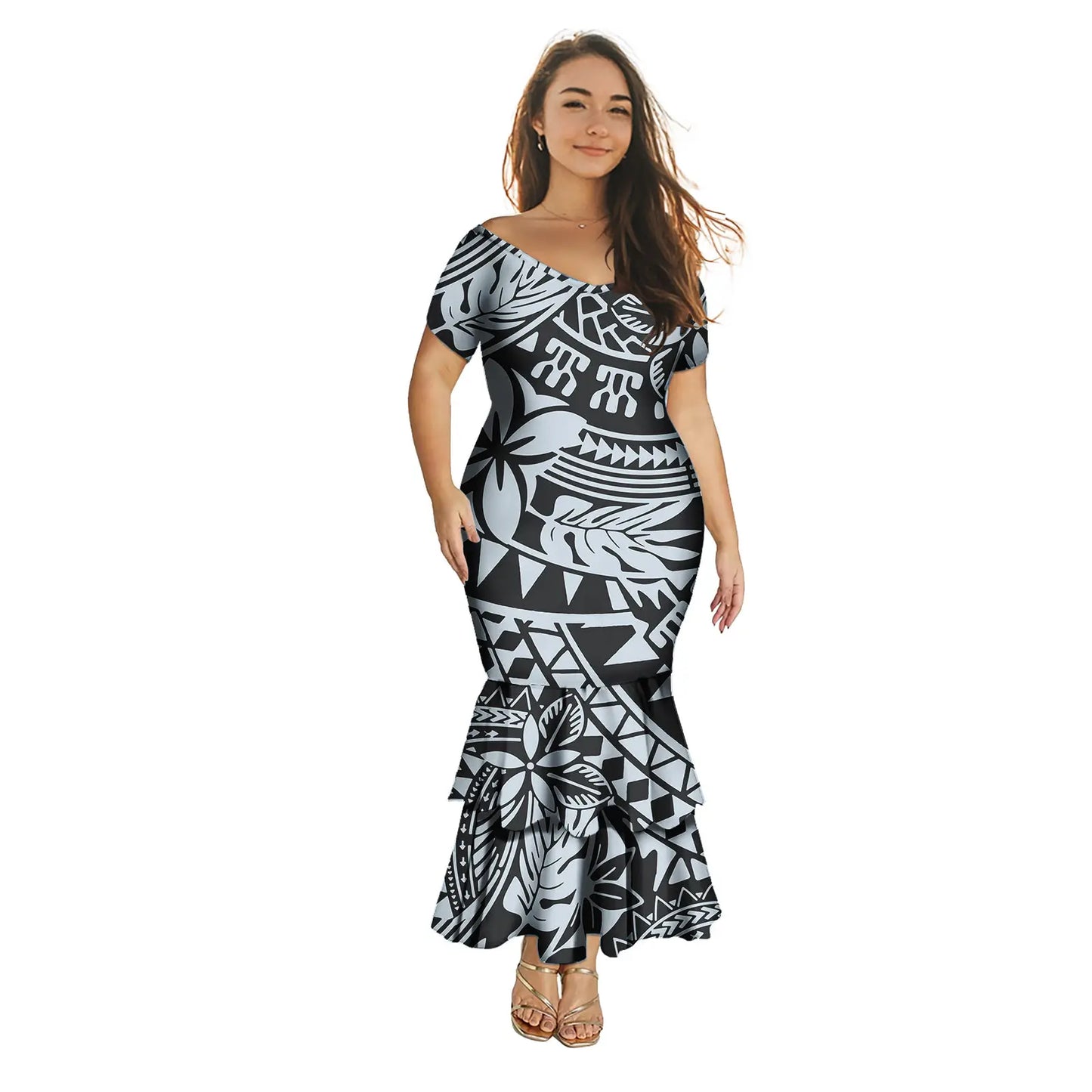 Robe polynésienne Puletasi tendance pour femme, robe de soirée sirène longue imprimée de luxe, robe sexy à épaules dénudées